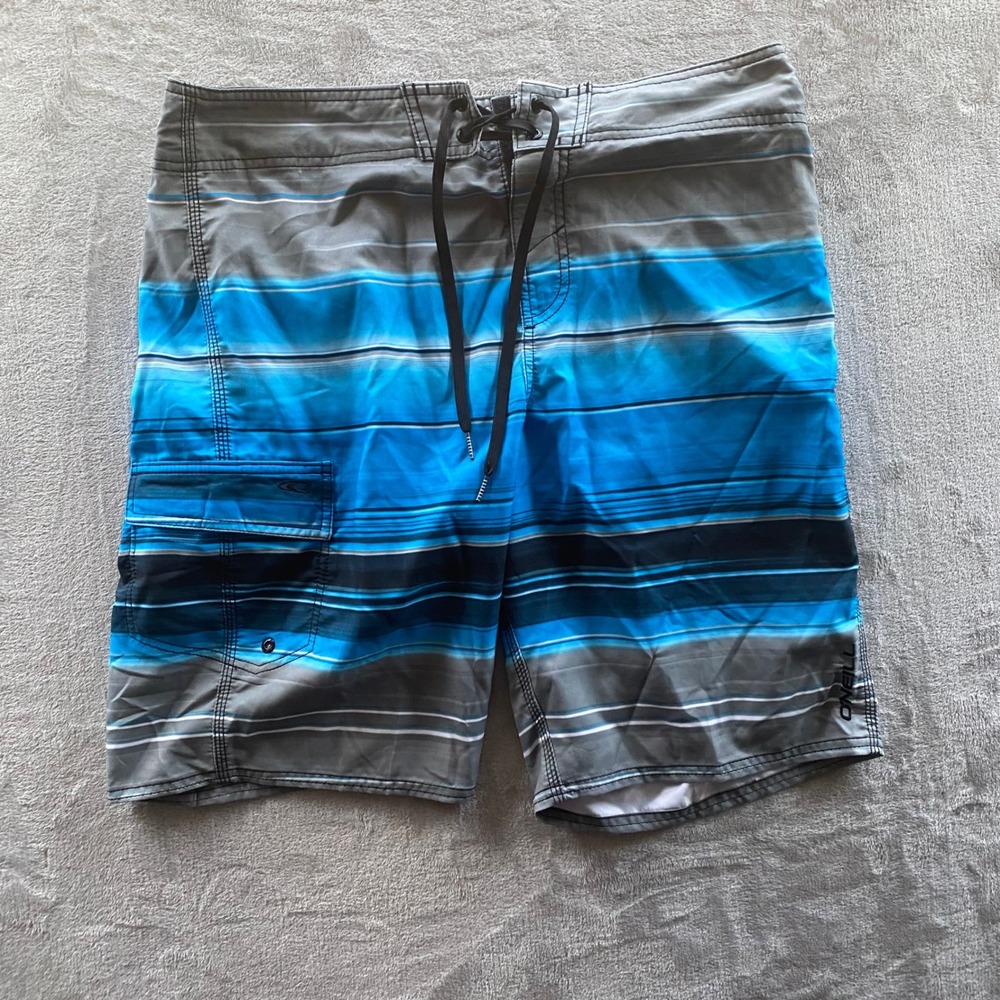 ONeill Mens Blue Grey Striped Board Shorts Size 34 Swim Trunks Cargo Pocket